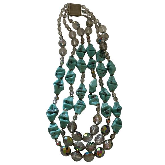 Antique Art Deco Faux Turquoise Glass AB Faceted Triple Strand Necklace RARE - Picture 7 of 11